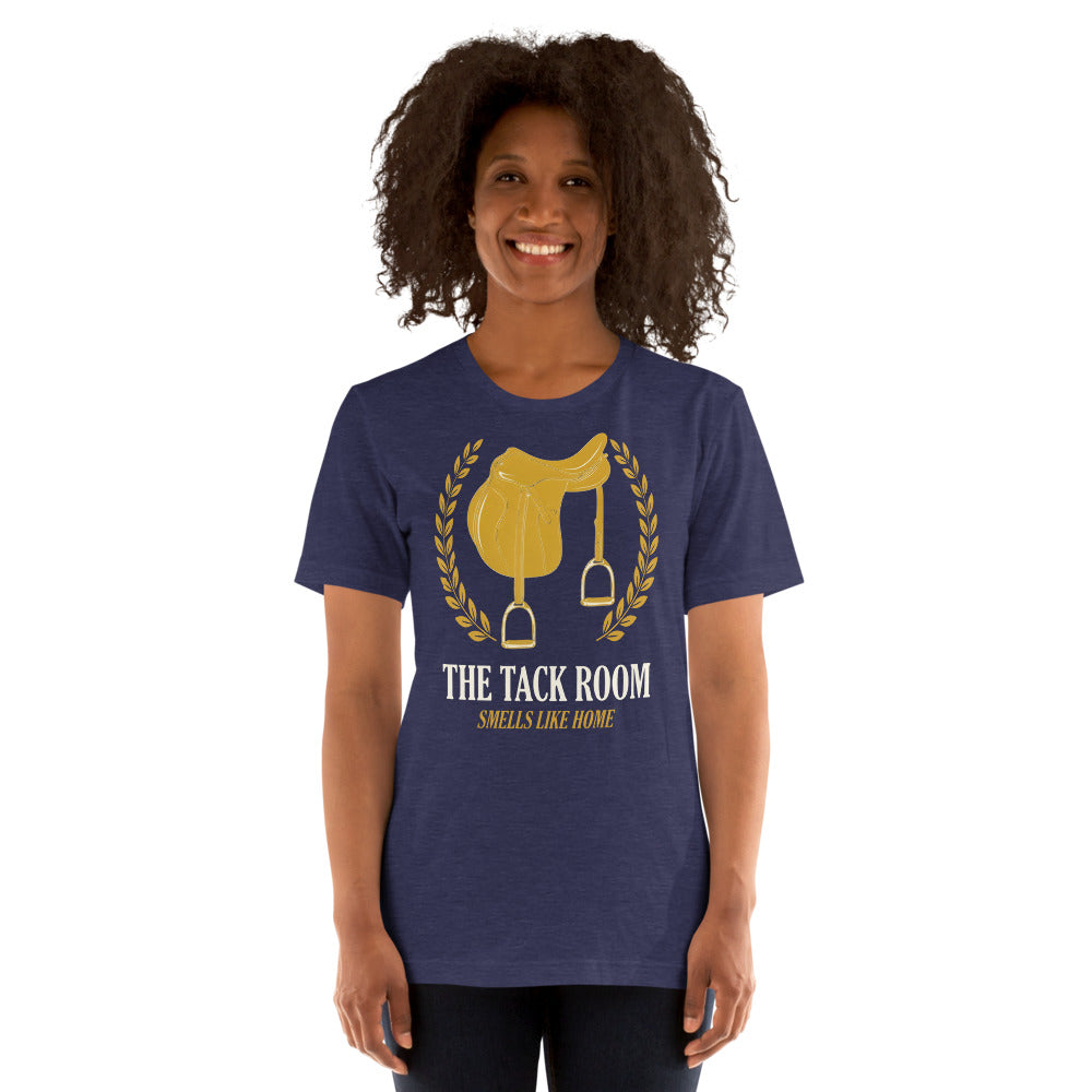 The Tack Room engraved equestrian saddle crest t-shirt — Heather Midnight Navy, on model