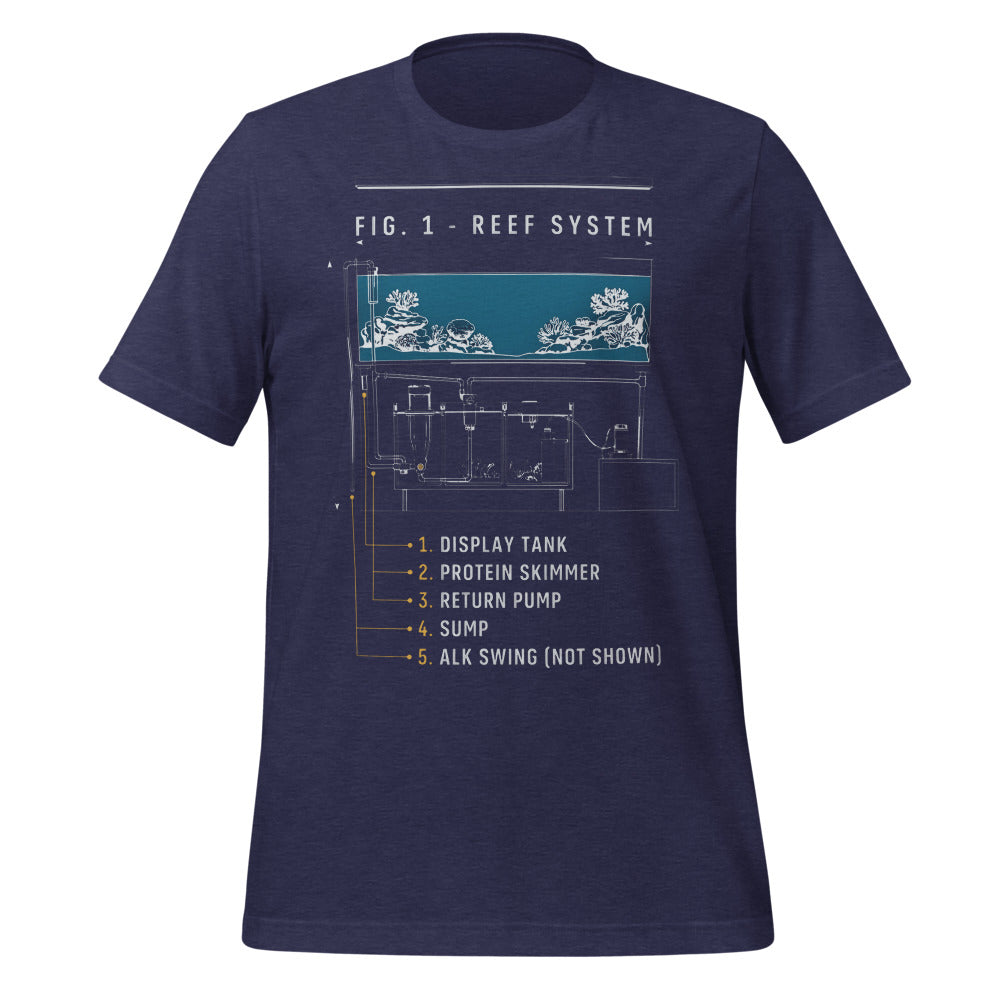 Reef System technical cutaway saltwater aquarium t-shirt — Heather Midnight Navy, front