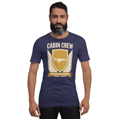 Wings Earned flight attendant tee — Heather Midnight Navy, on model