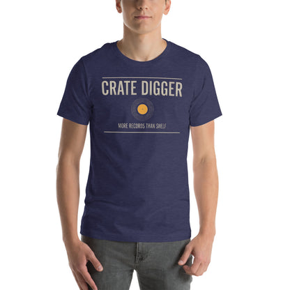 Crate Digger vinyl record tee — Heather Midnight Navy, on model