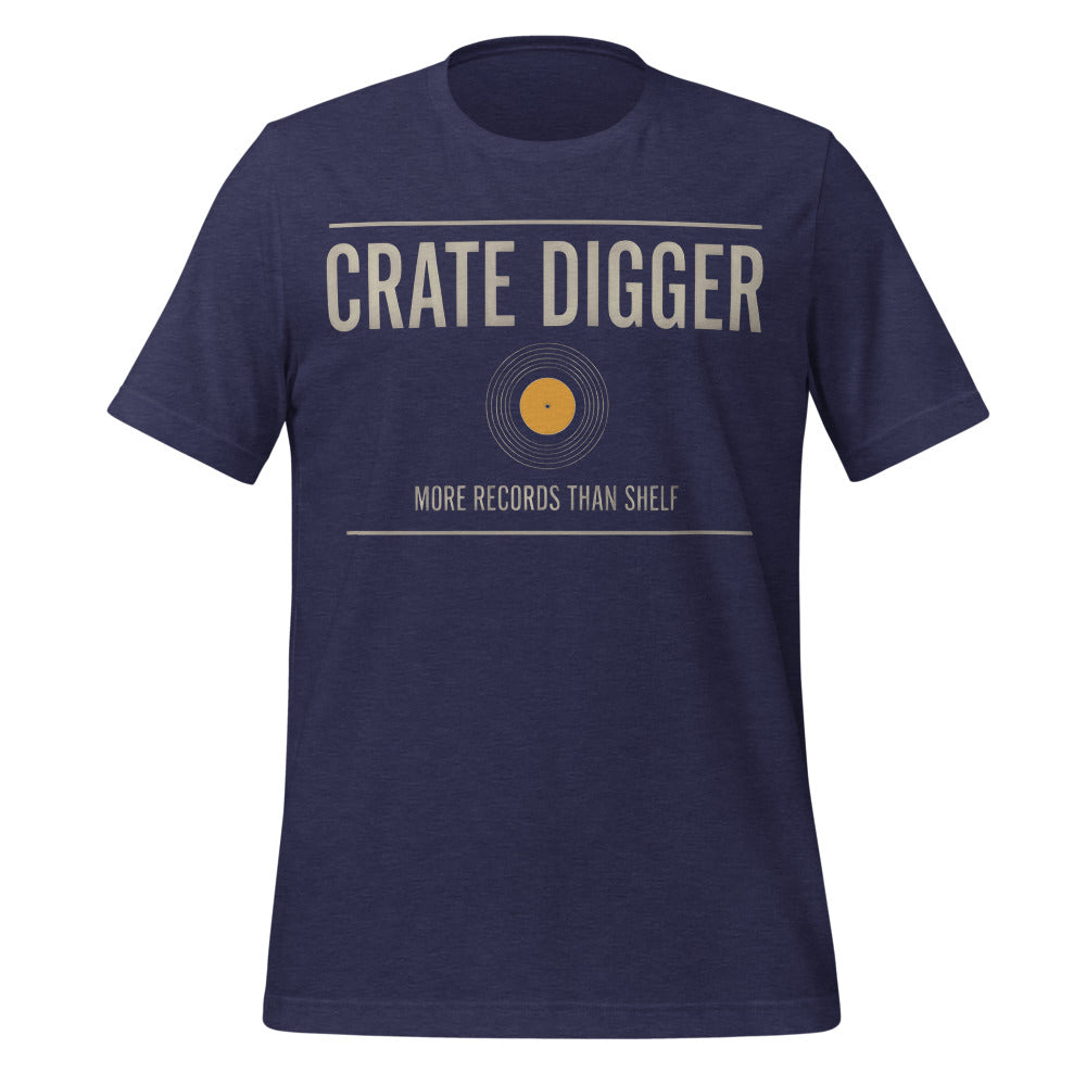 Crate Digger vinyl record tee — Heather Midnight Navy, front