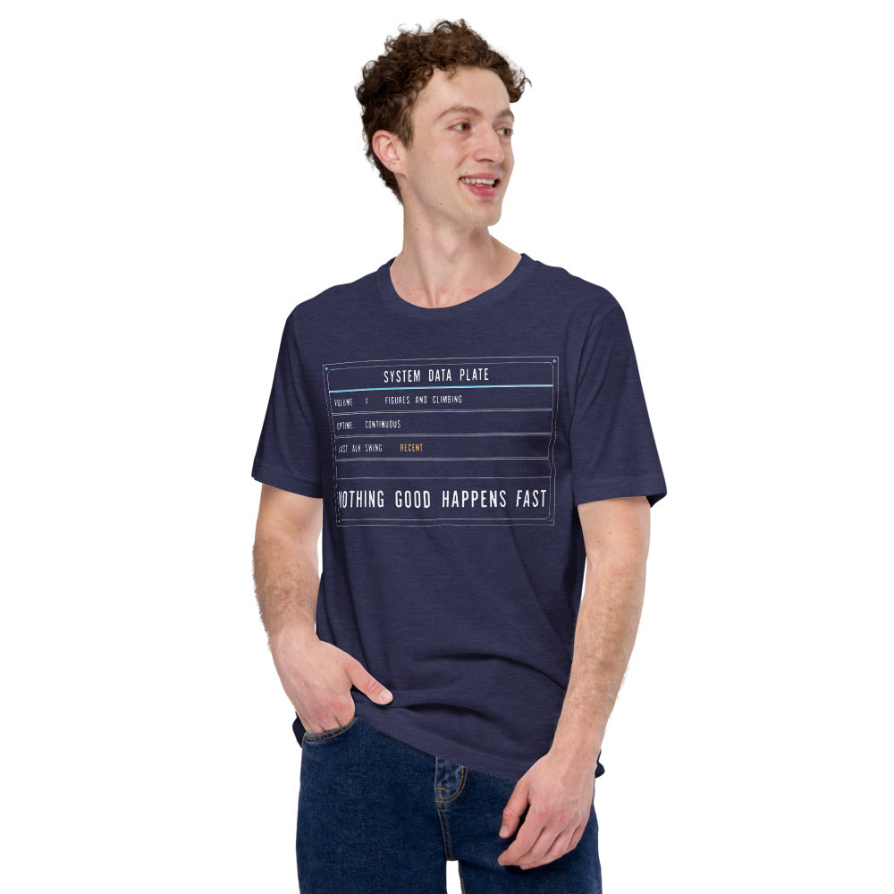 Nothing Good Happens Fast reef system data plate saltwater aquarium t-shirt — Heather Midnight Navy, on model