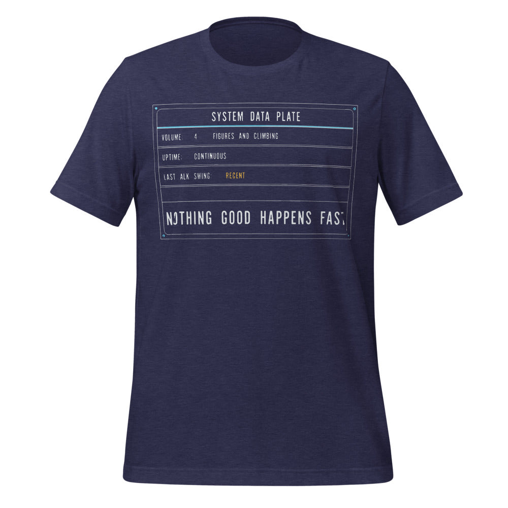 Nothing Good Happens Fast reef system data plate saltwater aquarium t-shirt — Heather Midnight Navy, front