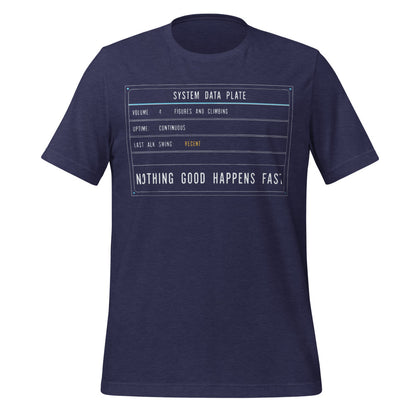Nothing Good Happens Fast reef system data plate saltwater aquarium t-shirt — Heather Midnight Navy, front