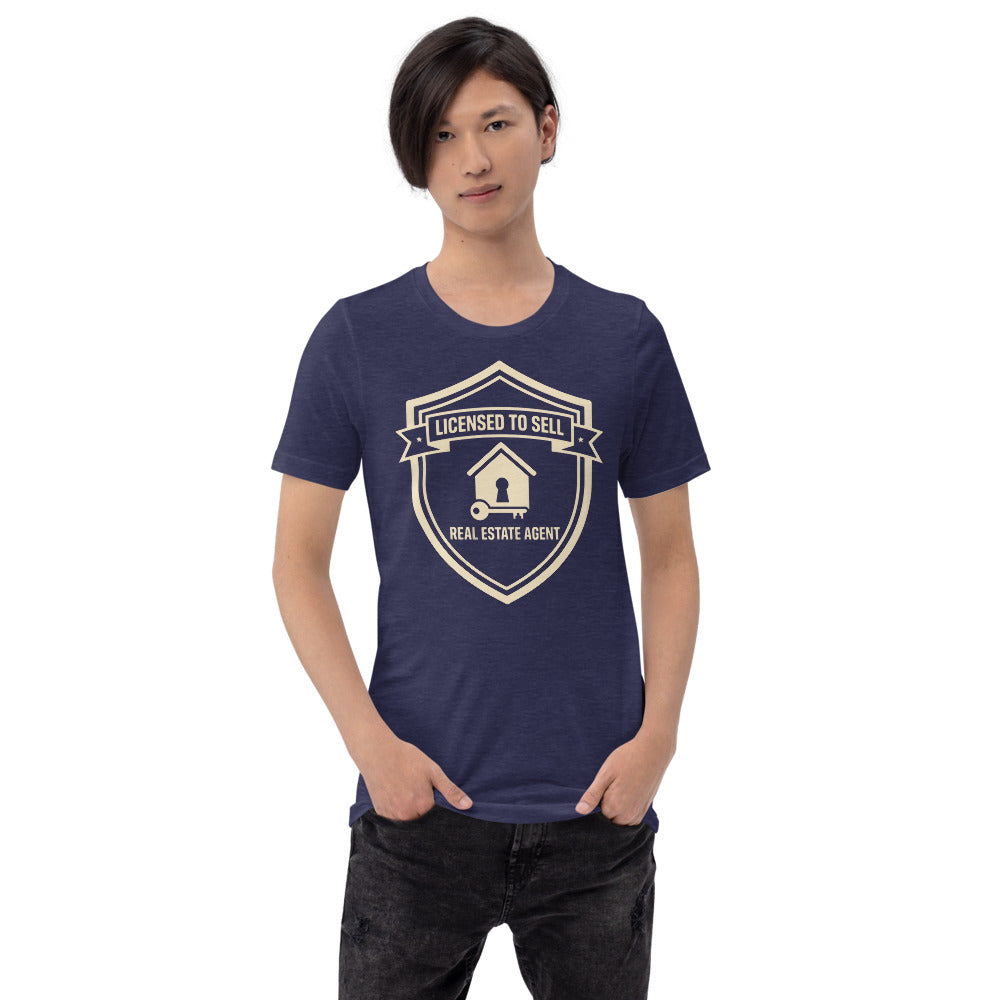 Licensed to Sell real estate agent tee — Heather Midnight Navy, on model