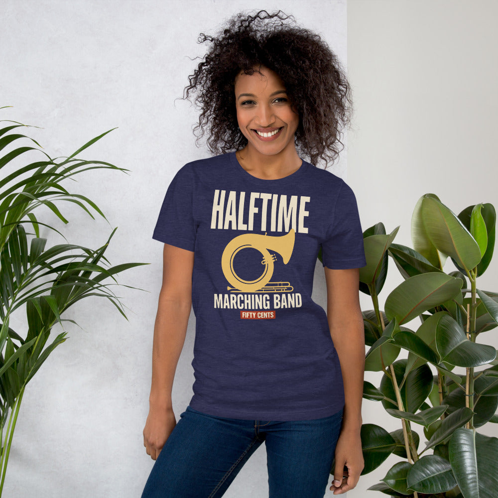 Official Halftime vintage marching band t-shirt — Heather Midnight Navy, on model