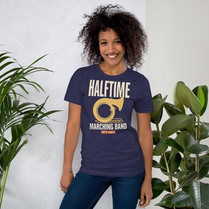 Official Halftime vintage marching band t-shirt — Heather Midnight Navy, on model