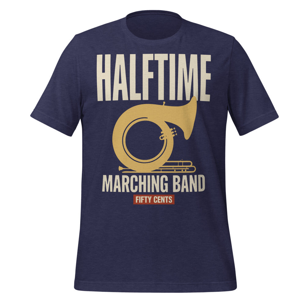 Official Halftime vintage marching band t-shirt — Heather Midnight Navy, front