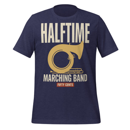 Official Halftime vintage marching band t-shirt — Heather Midnight Navy, front