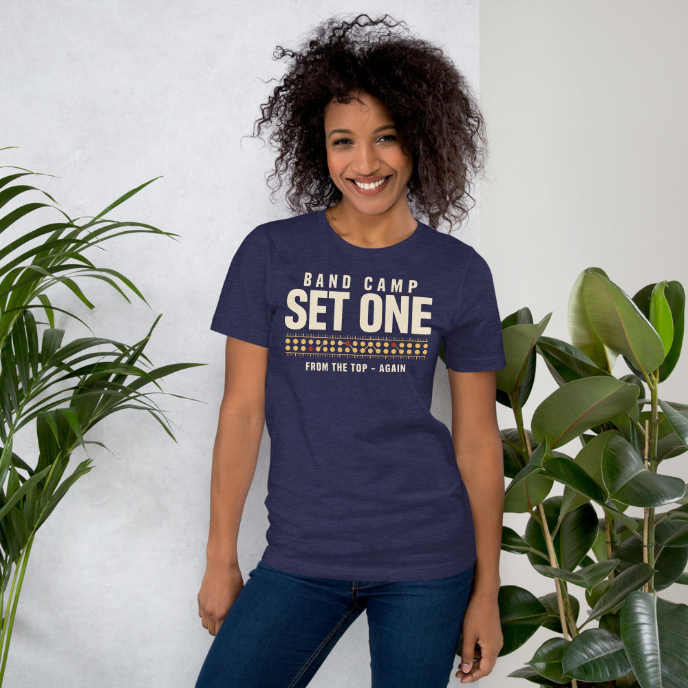 Set One marching band drill chart t-shirt — Heather Midnight Navy, on model