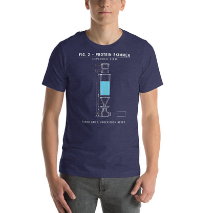 Protein Skimmer Exploded View reef tank saltwater aquarium t-shirt — Heather Midnight Navy, on model