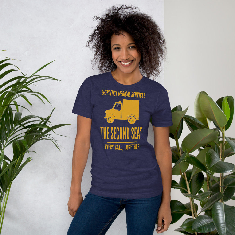 The Second Seat EMS paramedic tee — Heather Midnight Navy, on model