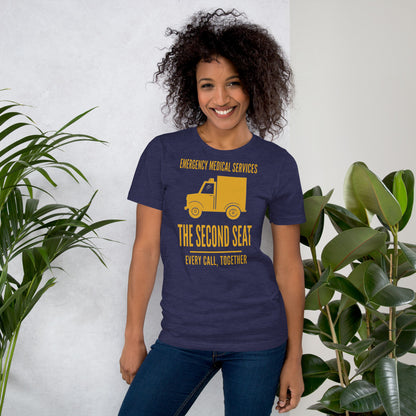 The Second Seat EMS paramedic tee — Heather Midnight Navy, on model