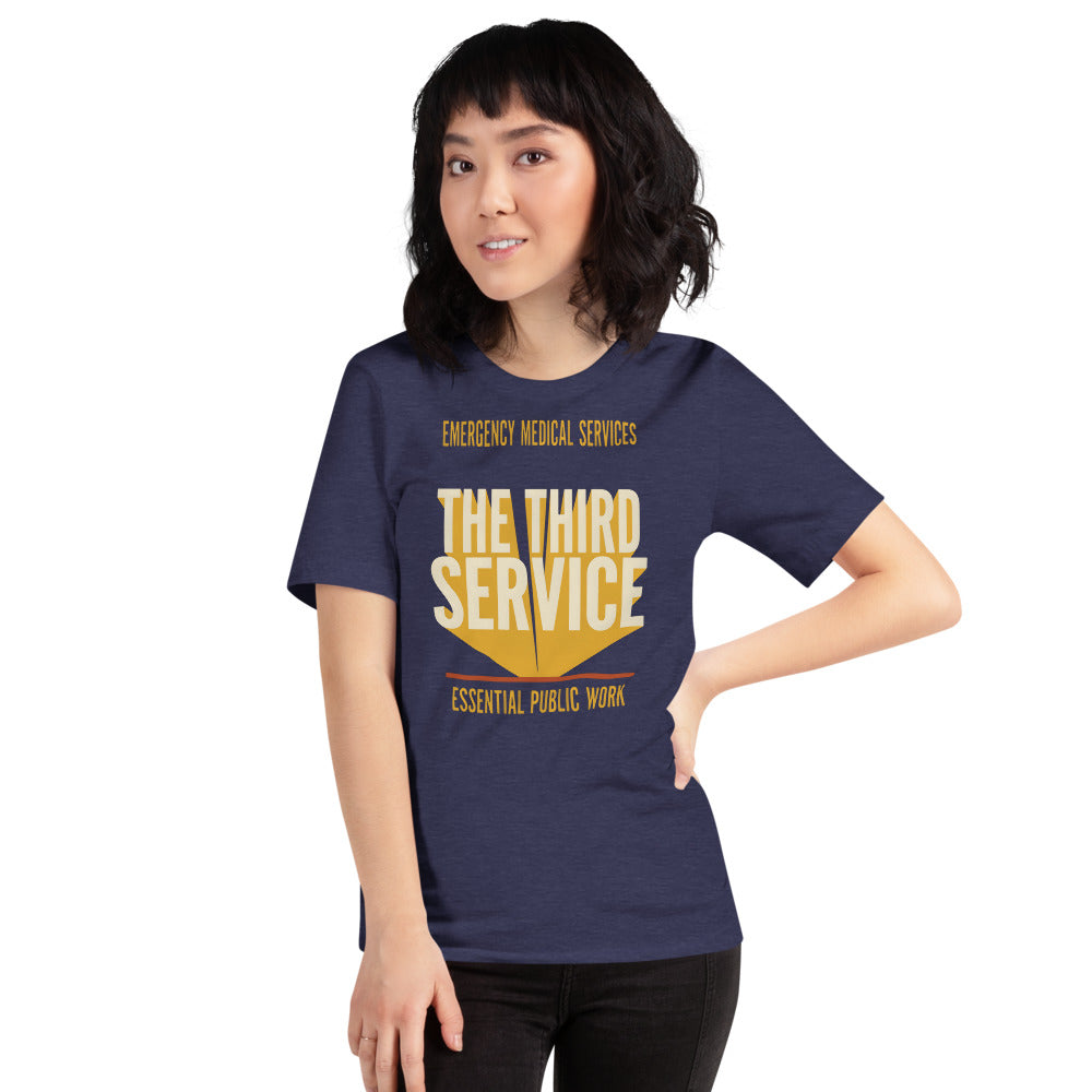 The Third Service EMS t-shirt — Heather Midnight Navy, on model