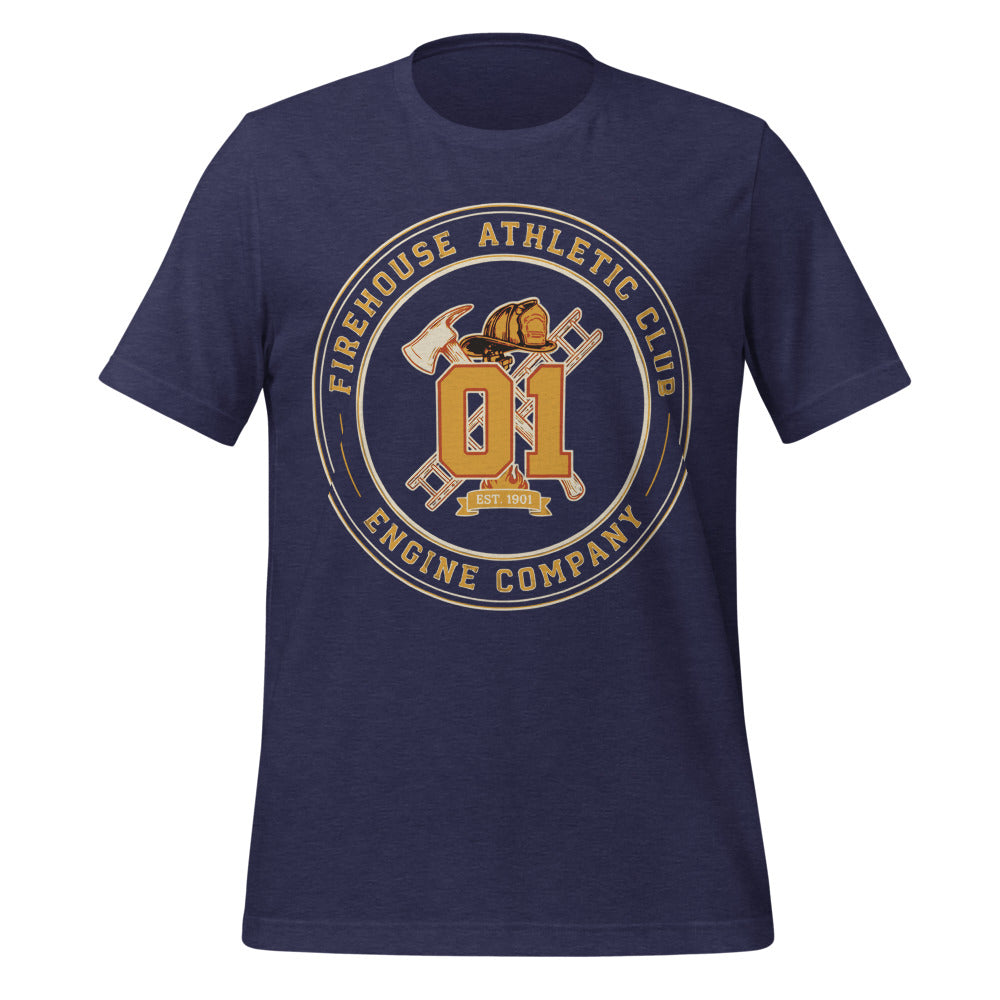 Firehouse Athletic Club retro firefighter emblem tee — Heather Midnight Navy, front