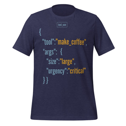 Tool Call Make Coffee AI engineer tee — Heather Midnight Navy, front