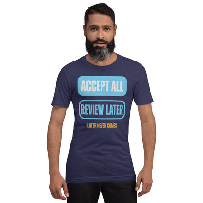 Accept All Review Later tee — Heather Midnight Navy, on model