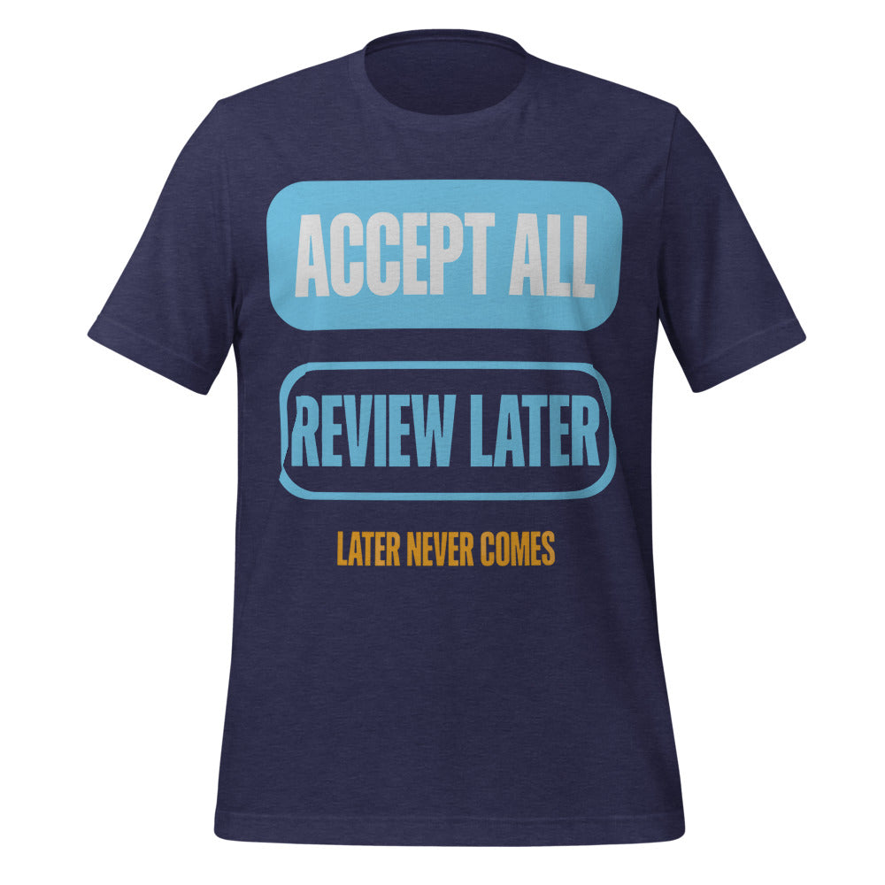 Accept All Review Later tee — Heather Midnight Navy, front