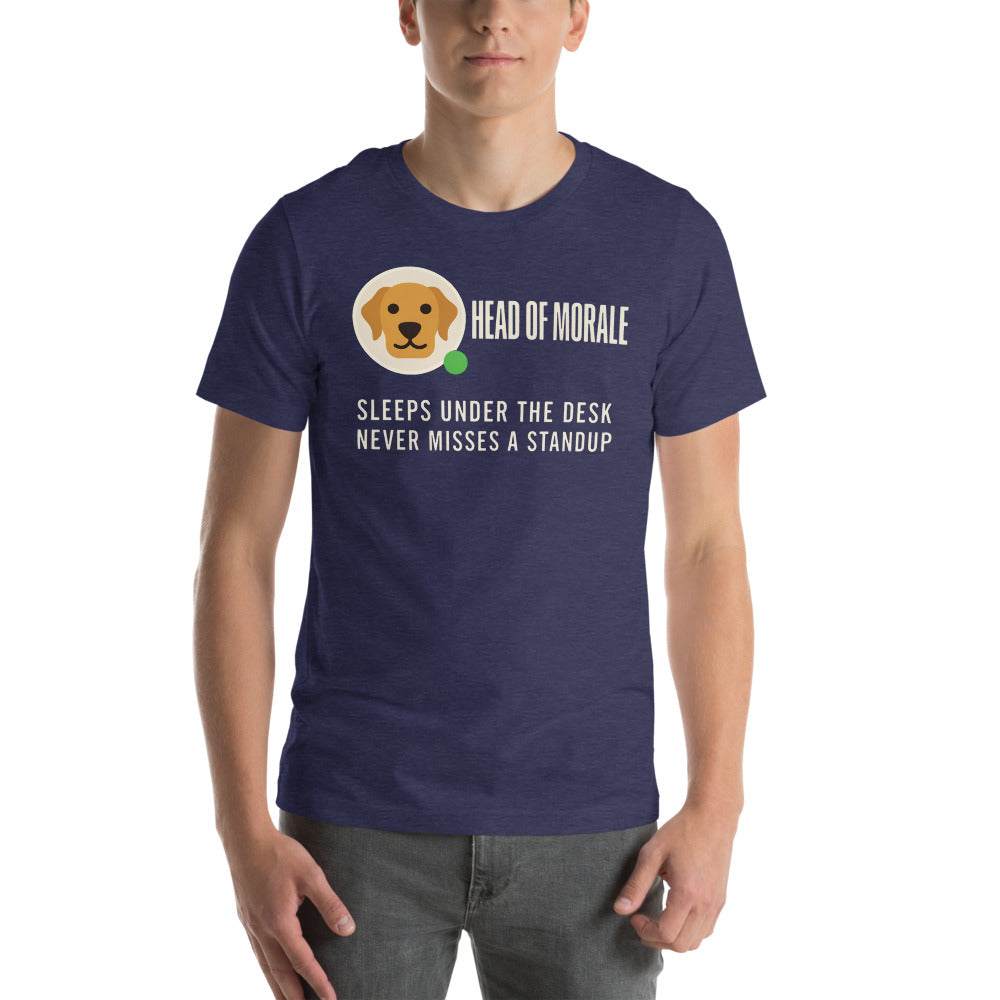 Head of Morale dog profile card unisex t-shirt — Heather Midnight Navy, on model