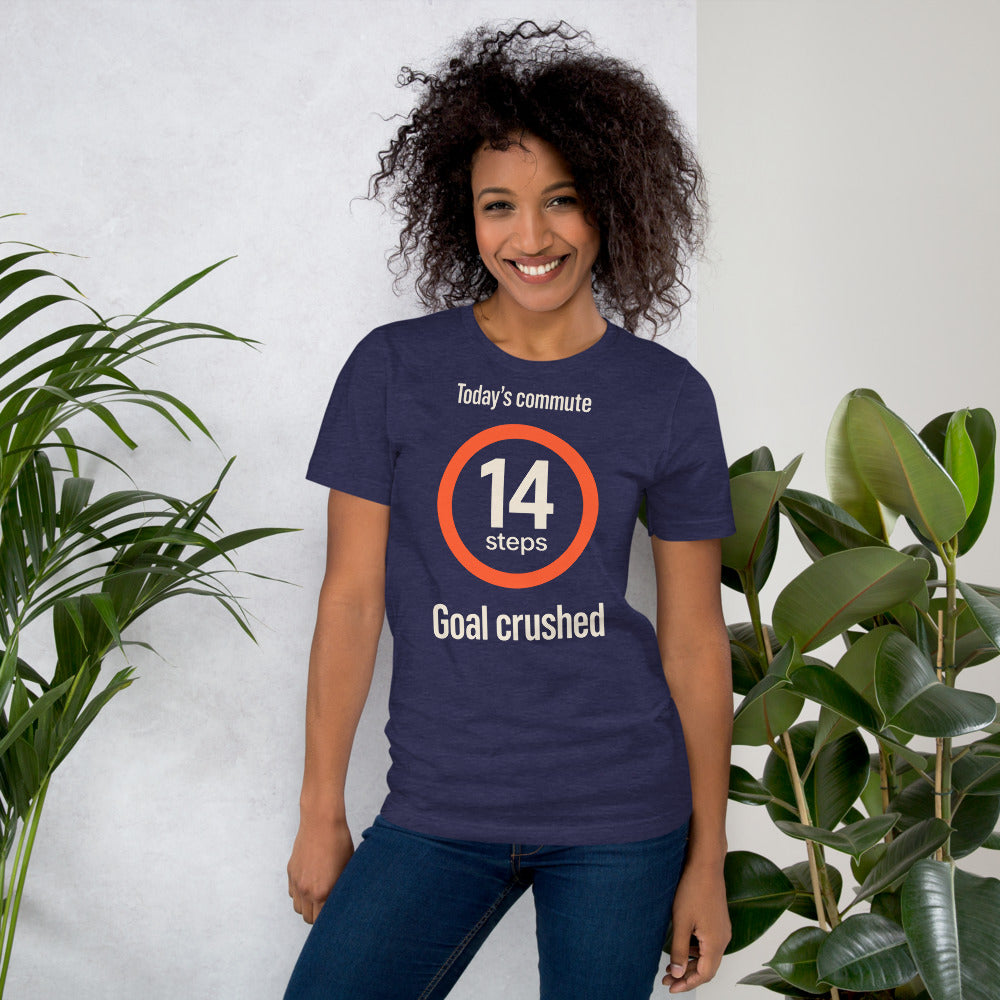 Today's Commute 14 Steps work from home unisex t-shirt — Heather Midnight Navy, on model
