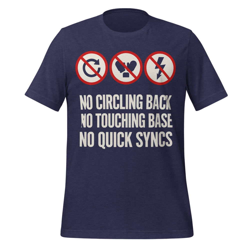 No Circling Back corporate jargon prohibition signs unisex t-shirt — Heather Midnight Navy, front