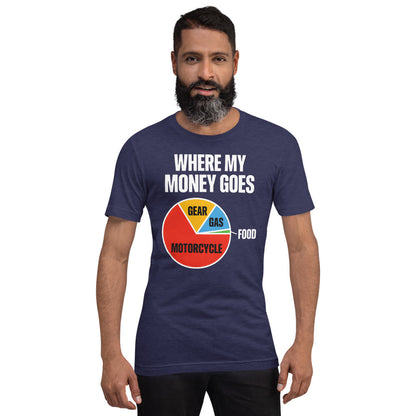Where My Money Goes funny motorcycle tee — Heather Midnight Navy, on model