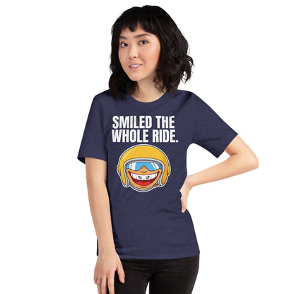 Smiled The Whole Ride funny motorcycle tee — Heather Midnight Navy, on model