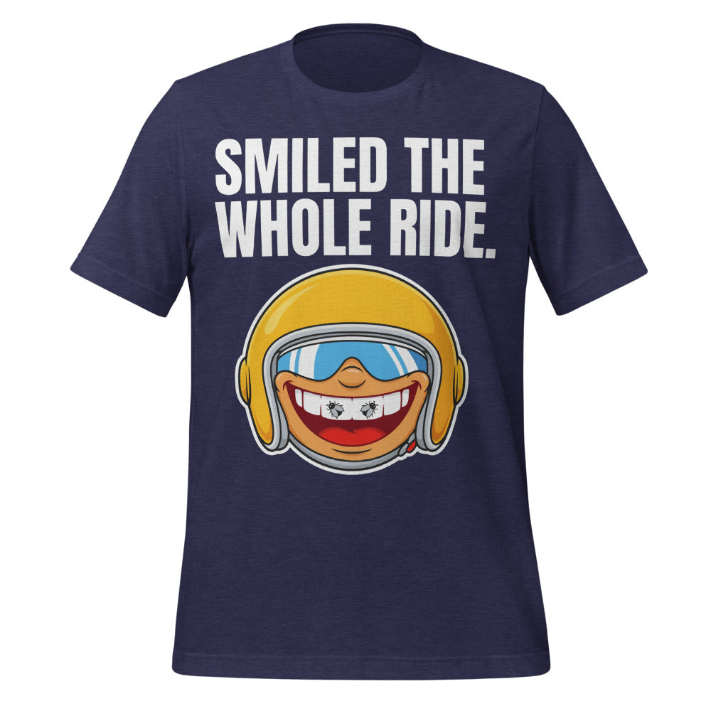 Smiled The Whole Ride funny motorcycle tee — Heather Midnight Navy, front