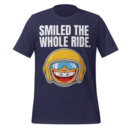 Smiled The Whole Ride funny motorcycle tee — Heather Midnight Navy, front