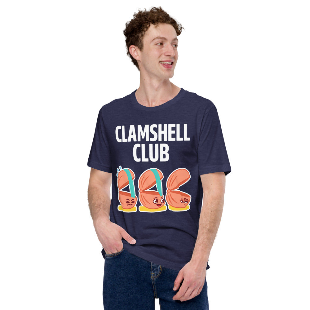 Clamshell Club funny physical therapy tee — Heather Midnight Navy, on model