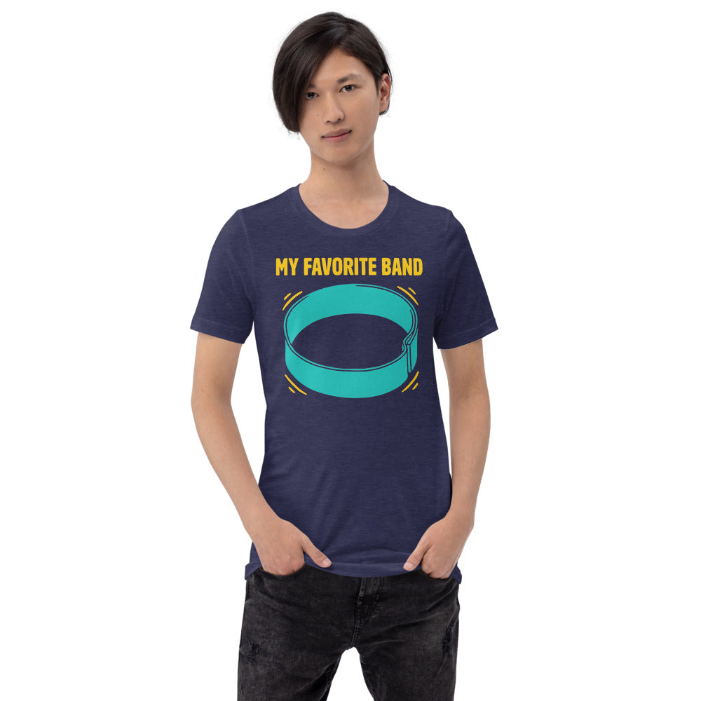 My Favorite Band funny physical therapy tee — Heather Midnight Navy, on model