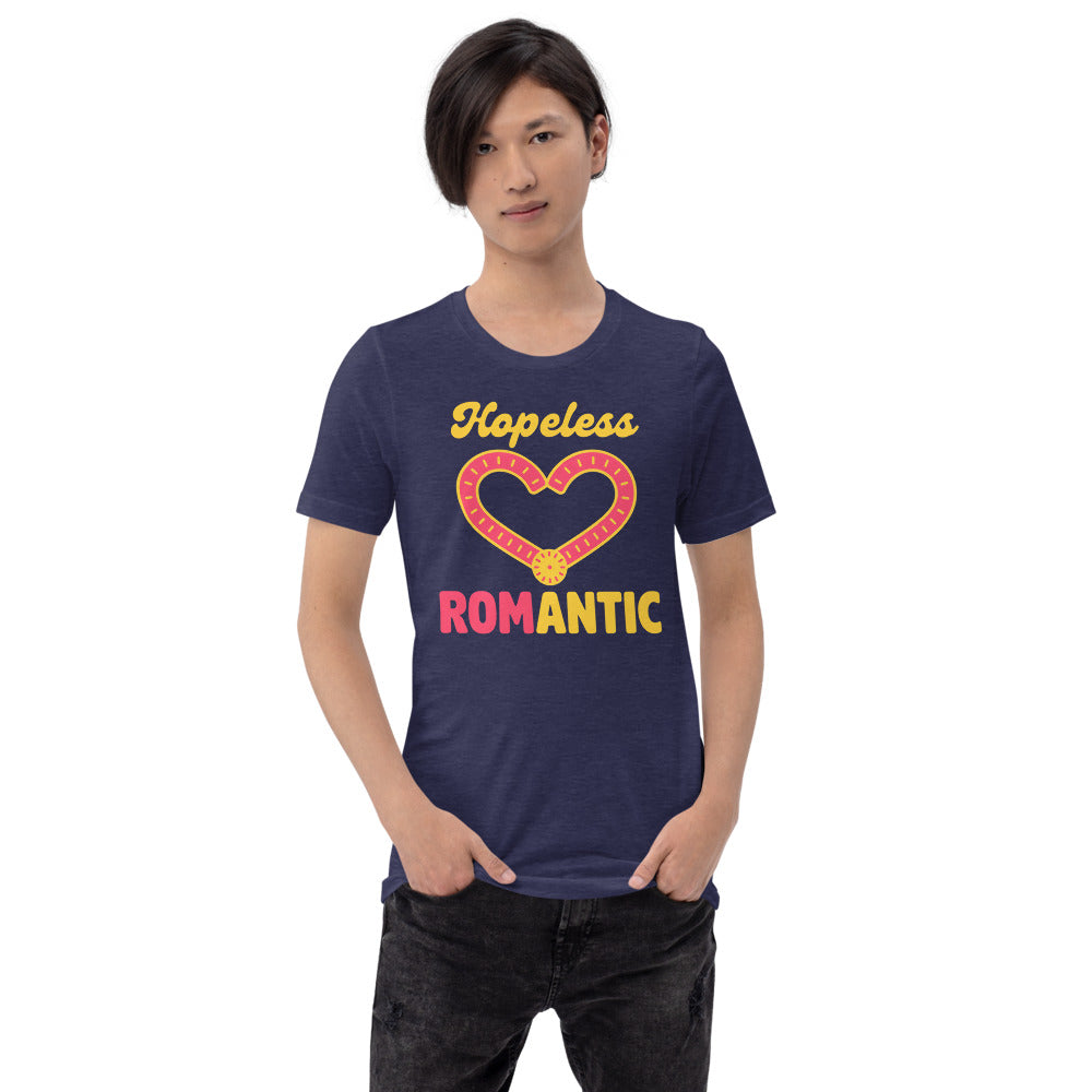 Hopeless ROMantic funny physical therapy tee — Heather Midnight Navy, on model