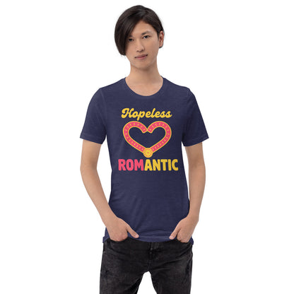 Hopeless ROMantic funny physical therapy tee — Heather Midnight Navy, on model