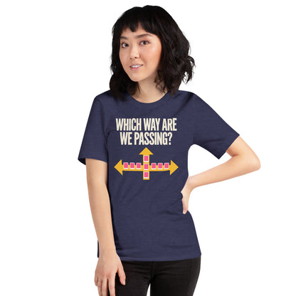Which Way Are We Passing funny mahjong tee — Heather Midnight Navy, on model