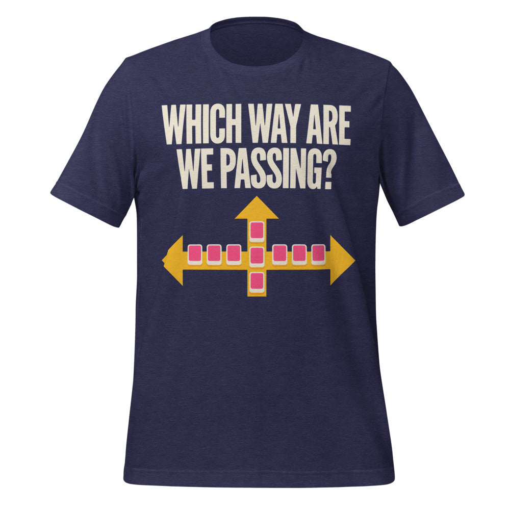 Which Way Are We Passing funny mahjong tee — Heather Midnight Navy, front