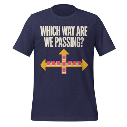 Which Way Are We Passing funny mahjong tee — Heather Midnight Navy, front