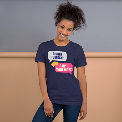 Mahj Night funny mahjong tee — Heather Midnight Navy, on model