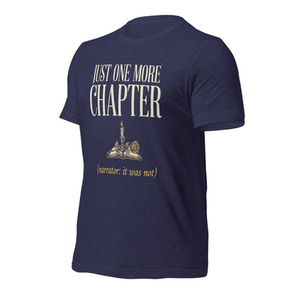 Just One More Chapter book lover dark academia tee — Heather Midnight Navy, front right