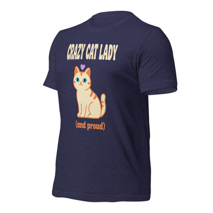 Crazy Cat Lady and Proud retro Y2K tee — Heather Midnight Navy, front-right
