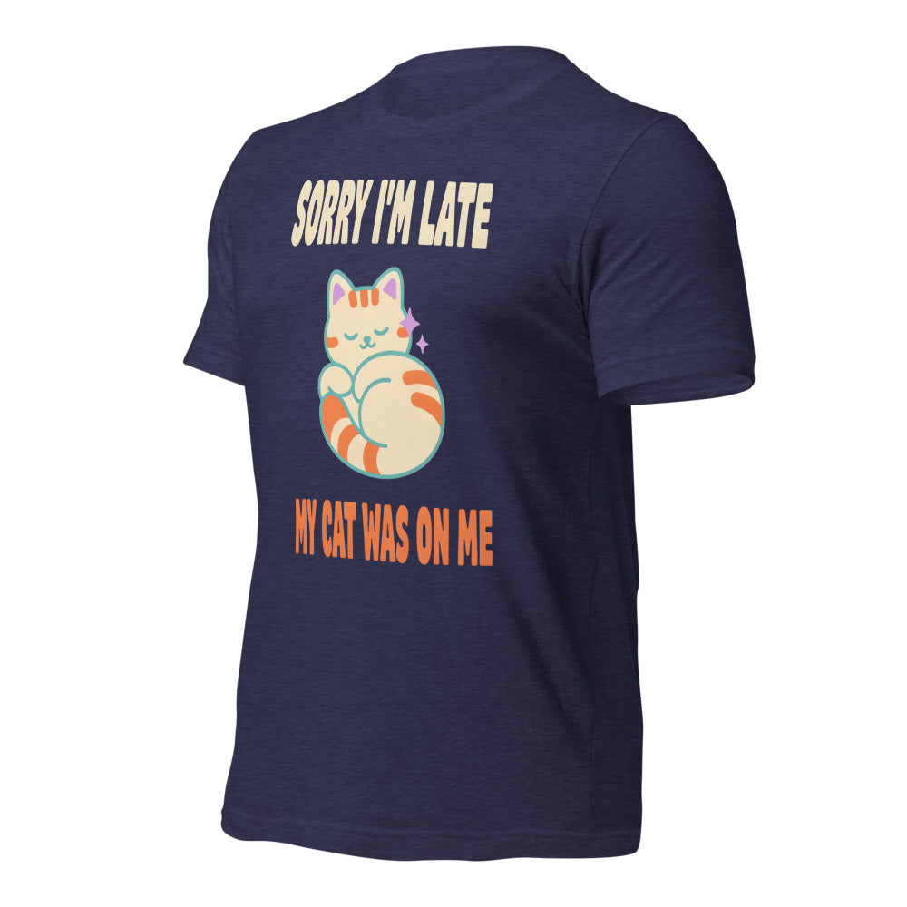 Sorry I'm Late My Cat Was On Me funny cat mom t-shirt — Heather Midnight Navy, front-right