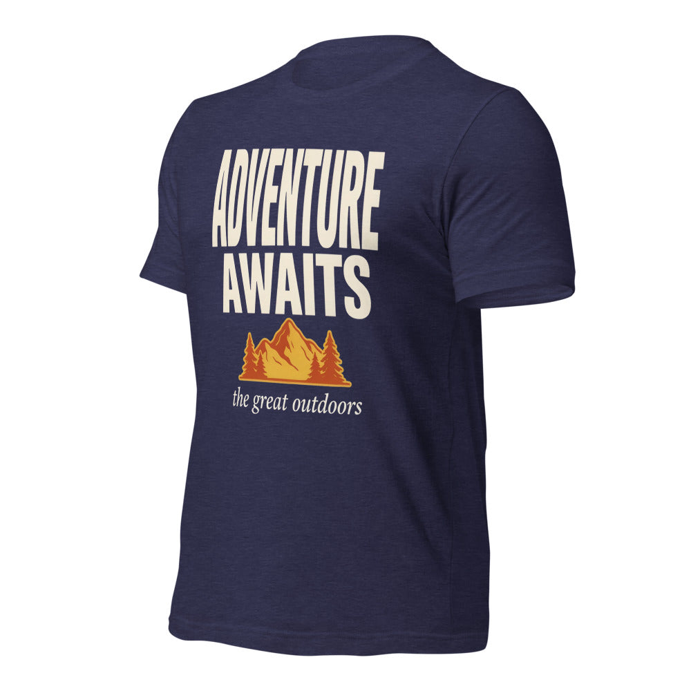 Adventure Awaits retro outdoors typography tee — Heather Midnight Navy, front right