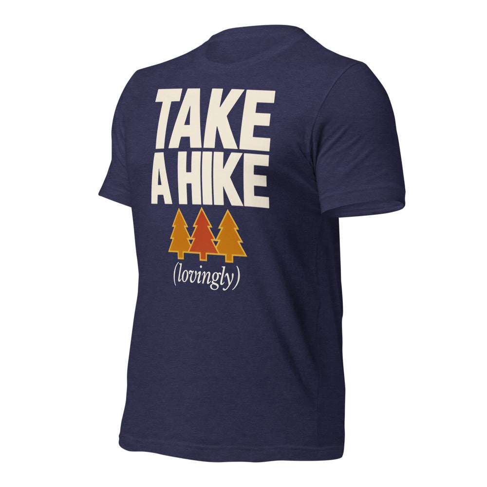 Take a Hike retro outdoors humor typography tee — Heather Midnight Navy, front-right
