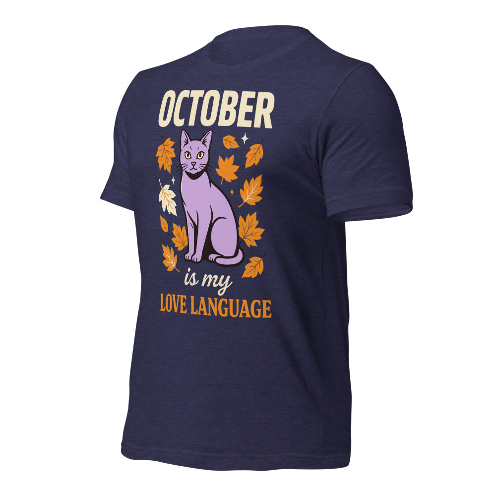 October Is My Love Language retro Halloween black cat tee — Heather Midnight Navy, front right