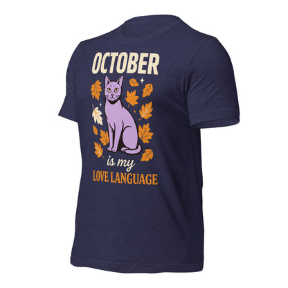 October Is My Love Language retro Halloween black cat tee — Heather Midnight Navy, front right