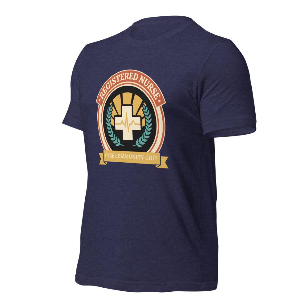Registered Nurse vintage healthcare emblem badge tee — Heather Midnight Navy, front-right