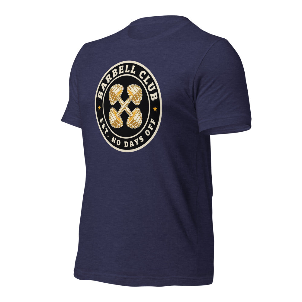 Barbell Club No Days Off vintage gym tee — Heather Midnight Navy, front-right