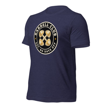 Barbell Club No Days Off vintage gym tee — Heather Midnight Navy, front-right