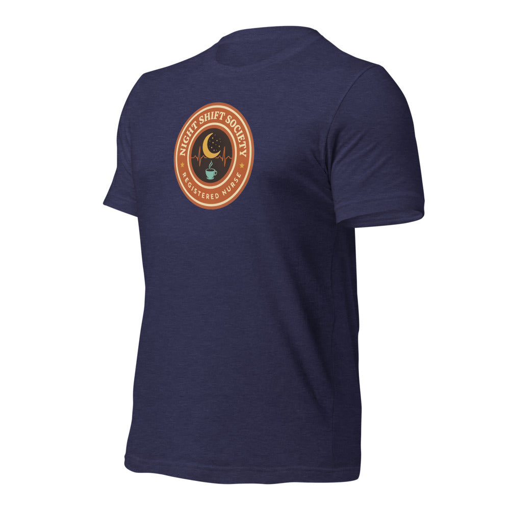 Night Shift Society retro registered nurse badge tee — Heather Midnight Navy, front-right