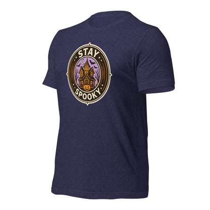 Stay Spooky retro Halloween vintage badge tee — Heather Midnight Navy, front-right
