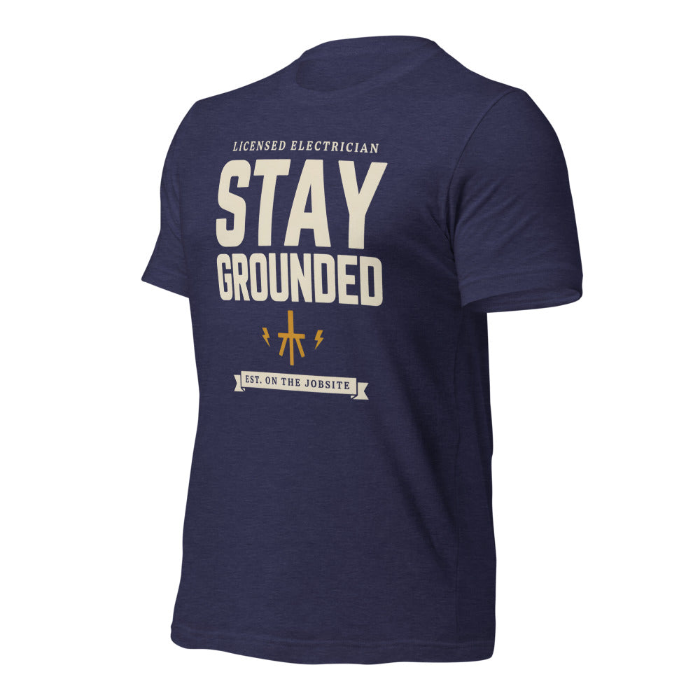 Stay Grounded funny electrician tee — Heather Midnight Navy, front-right